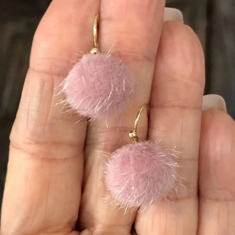 Blush Pink Fuzzy Furry Pom Pom Drop Earrings NWT